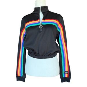 Minga London Rainbow‎ Striped Crop 1/4 Zip Black Top Sz S